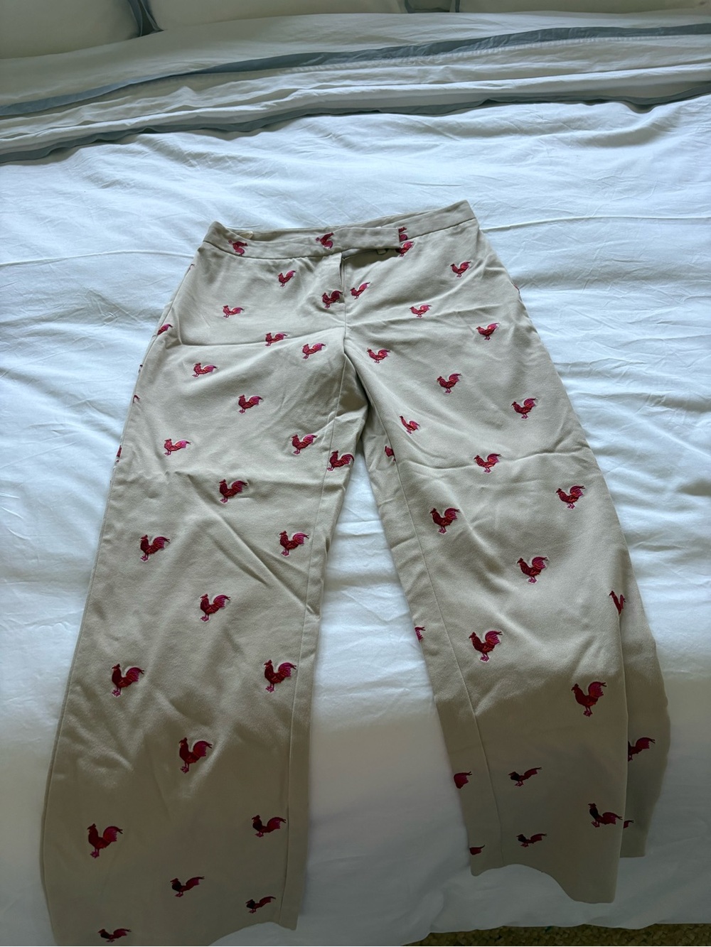 Lilly Pulitzer Beige Pants with Red Rooster Embroidery Pattern